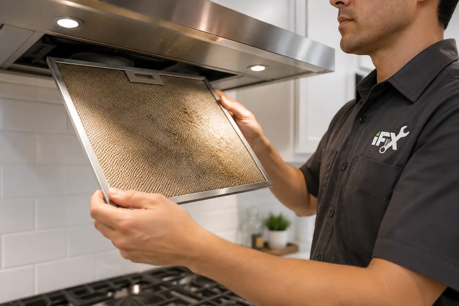 iFiX technician removing a greasy range hood filter to check lingering kitchen odors