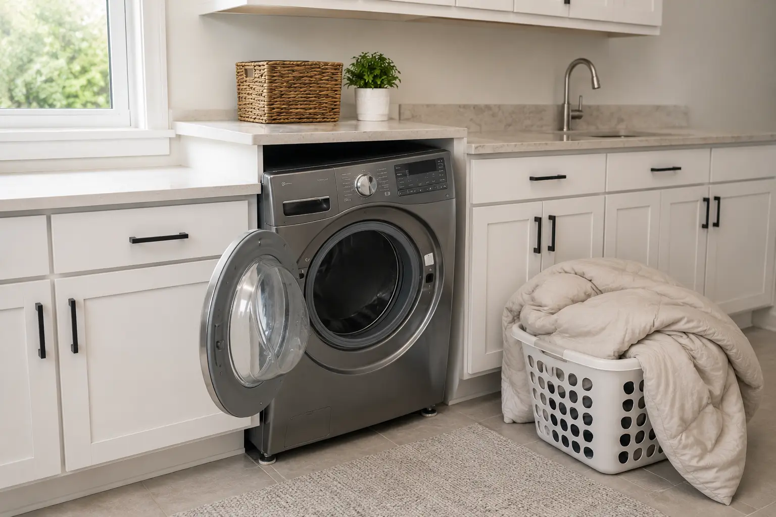 Laundry room with a washer and heavy blanket basket after a washer shakes bangs or leaves blankets soaking wet