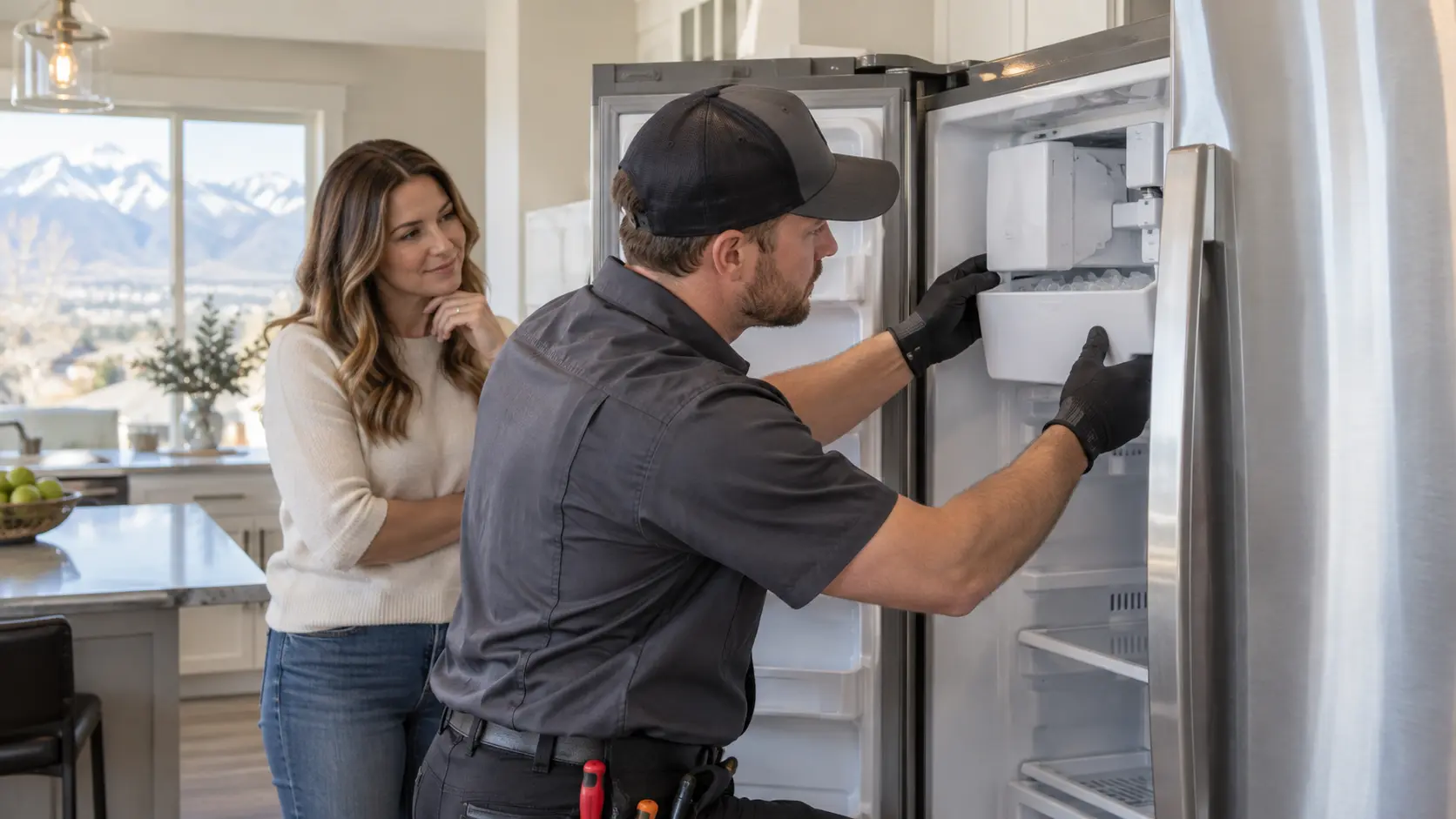 iFiX Appliance Repair technician diagnosing an ice dispenser repair in Northern Utah