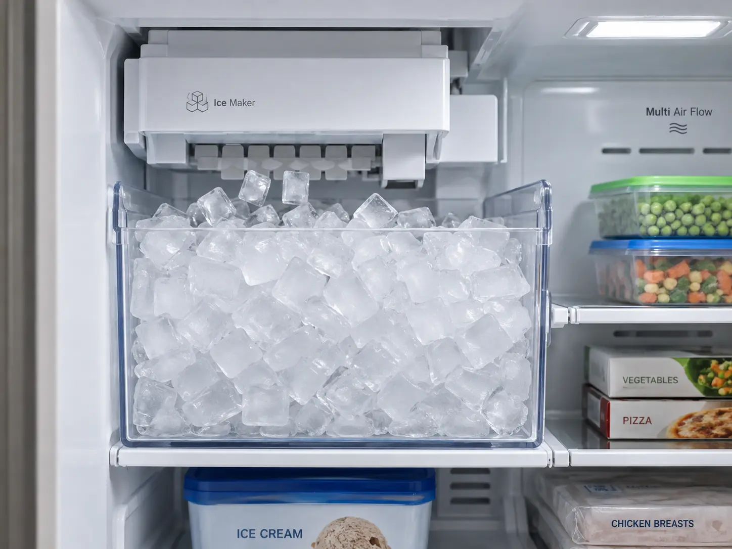 Full freezer ice bin showing the ice maker is still making ice