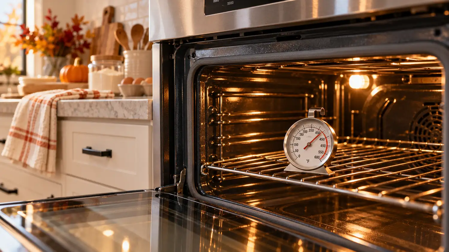 Oven-safe thermometer testing oven temperature during preheating