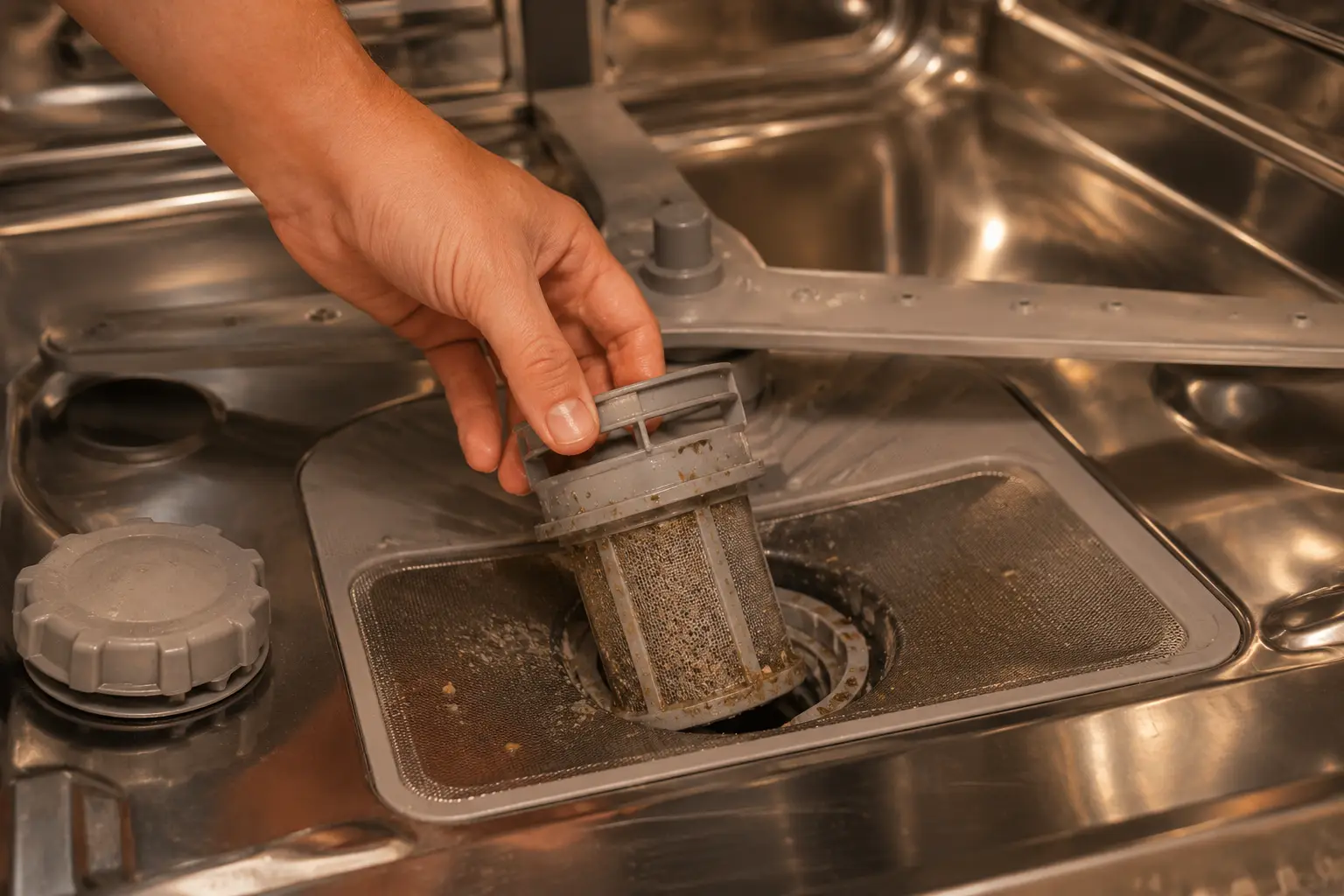 Dirty dishwasher filter being removed from the bottom of the tub after heavy use