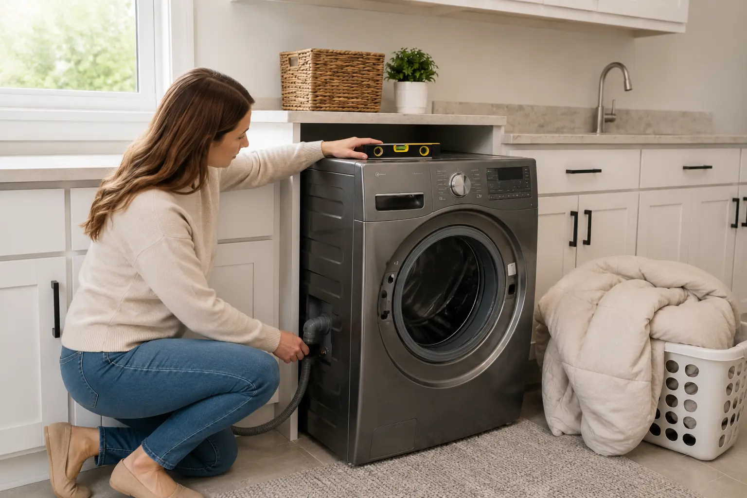 Homeowner checking washer level and drain hose after washing a heavy blanket