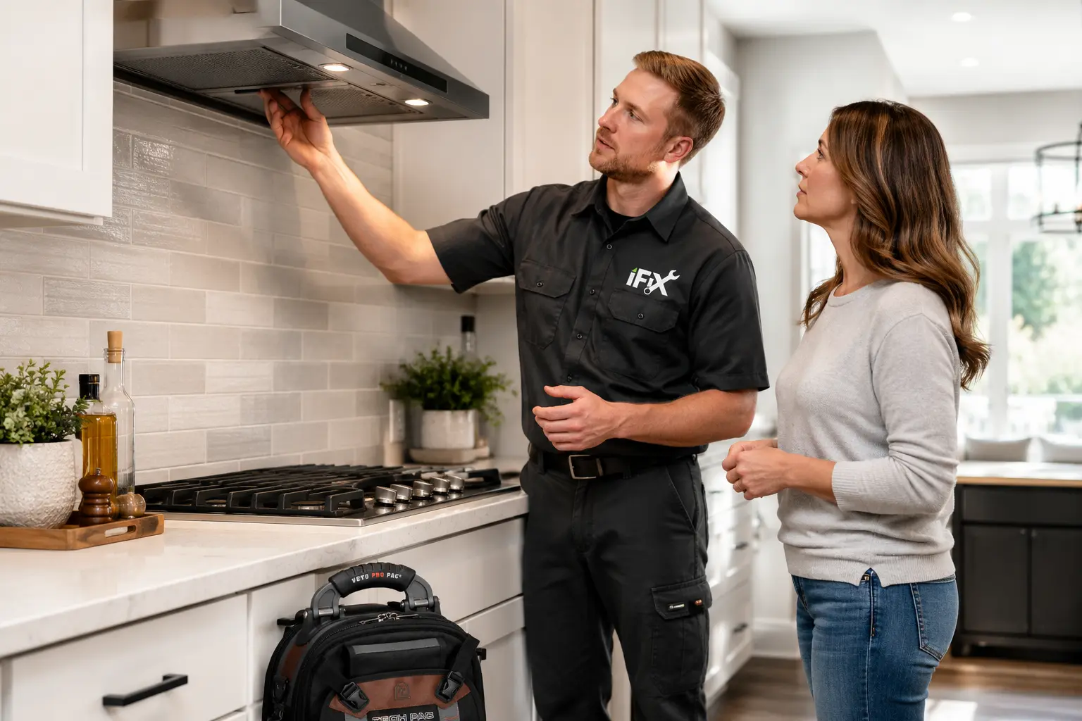 iFiX Appliance Repair technician checking a vent hood with a homeowner in a Northern Utah kitchen