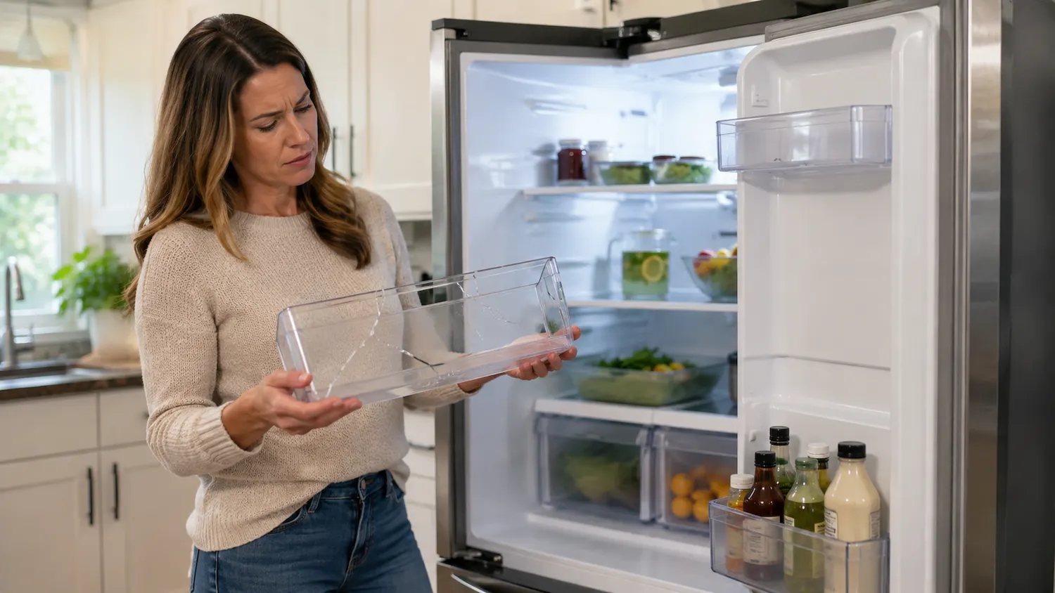 Homeowner replacing a refrigerator shelf in Riverdale kitchen