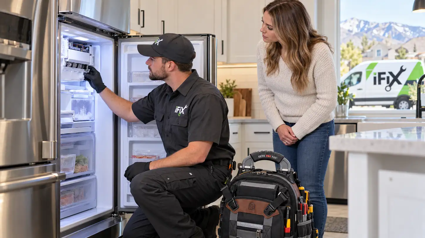 iFiX Appliance Repair technician diagnosing an ice maker freeze-up in Northern Utah