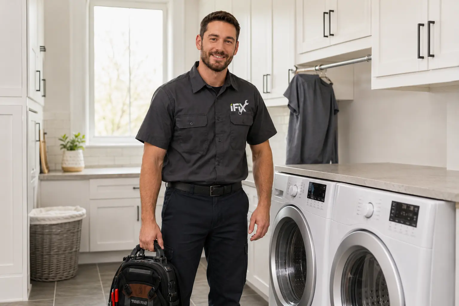 iFiX Appliance Repair technician ready to diagnose washer problems after washing heavy winter loads in Northern Utah