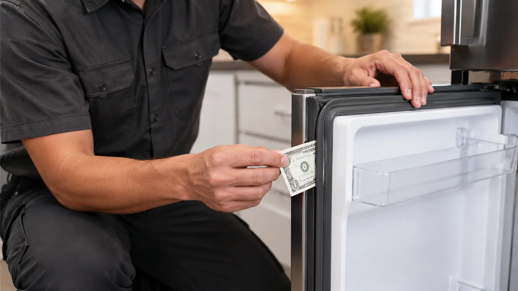 Technician checking refrigerator door seal with a dollar bill test