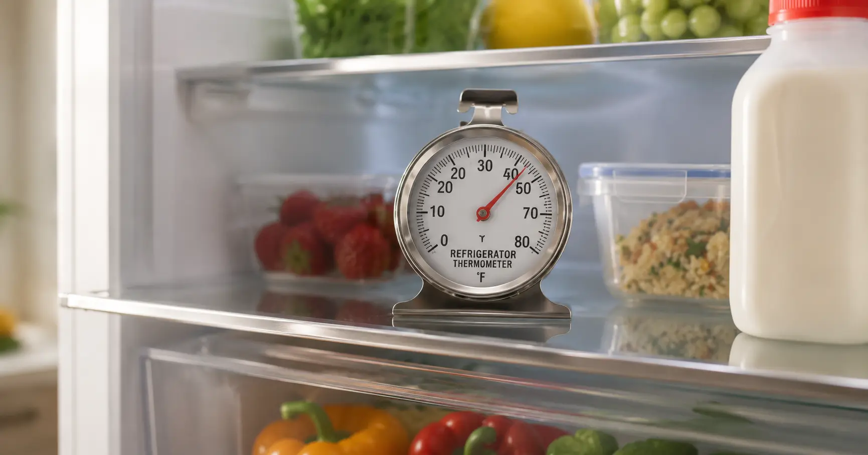 Refrigerator thermometer showing temperature inside a fridge